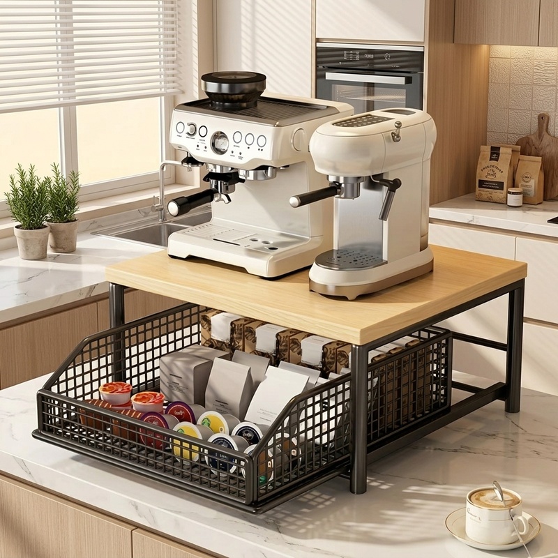 Kitchen Appliances Countertop - Modern Mikrodalga Fırın Rafı, Masif Ahşap